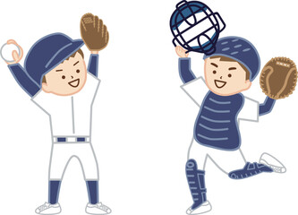 野球の試合に勝ち、笑顔でピッチャーに駆け寄るキャッチャー