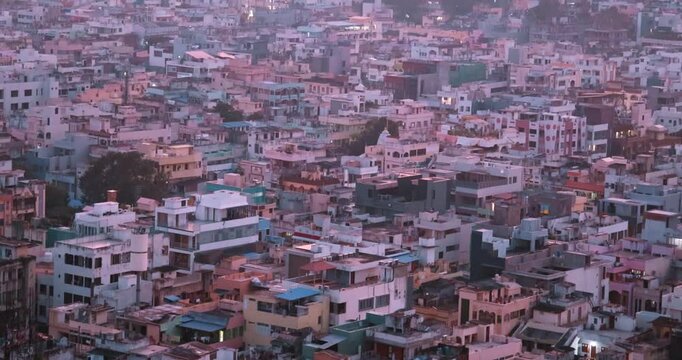 Vijayawada, INDIA -October 30, 2022 : Vijayawada city aerial view of the homes and Goddess Kanaka Durga temple in the state of Andhra Pradesh in India