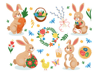 Easter. Spring celebration. Bunny hold cake, butterfly, basket with leaf and flowers. Rabbit for kids. Simple floral decoration. Elements cartoon flat style. Vector holiday tidy isolated illustration