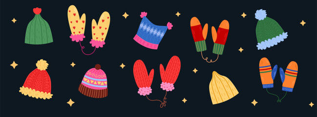 Winter hats, gloves. Knit caps, snow mittens. Hand and heads warmers. Snow clothing element. Cozy seasonal fashion. Accessory for cold season. Vector tidy cartoon flat style isolated illustration
