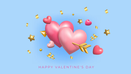 Day Valentine poster. Gift pink, poster two hearts, 3d love balloon, invitation holiday, present realistic glossy shapes, gold confetti and stars, birthday card cover, creative happy. Vector banner