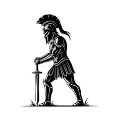 A stylized black and white illustration of a warrior in full armor holding a sword.