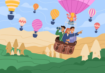 Hot air balloon flight. Sky basket journey. Person travel in clouds. Cappadocia tour landscape. Soaring characters. Summer vacation adventures. Vector garish cartoon flat style isolated illustration