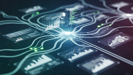 Abstract Digital Neural Network with Data Visualization and Futuristic Interface Elements