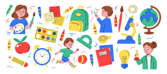 Back to school. Kid character. Student supplies, happy learner boys and girls. Cute student, geometric icon. Science element, educational design. Vector garish sticker cartoon flat style isolated set