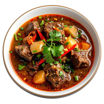 A single portion of tongseng, indonesian goat stew featuring chunks of meat and vegetables in curry, isolated on white background