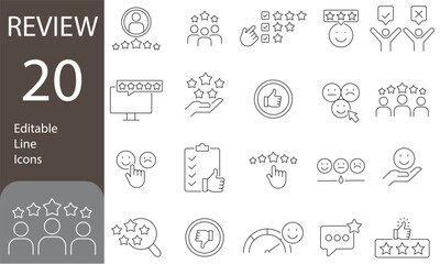 Review Editable Line Icons Set. Rating, testimonial, satisfaction, containing feedback, comment, opinion, like, customer and more. Vector illustration