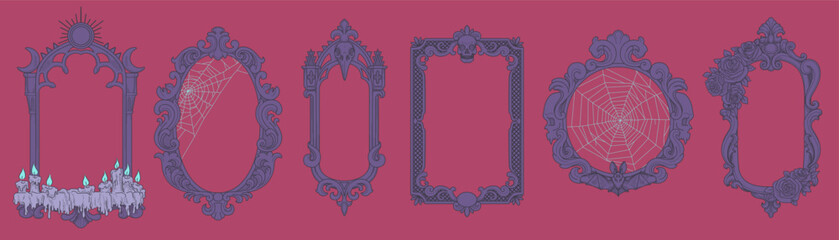 Gothic frame set. Spooky vintage border. Hand drawn branches, cobwebs and burning candles. Raven silhouette at night. Magic moon. Picture decoration. Vector isolated halloween isolated illustration