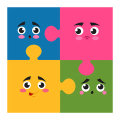 Abstract puzzles. Emotion expression. Happy or angry faces. Surprised emoticon. Jigsaw connection. Cartoon emoji. Joy and happiness. Comic smiles. Parts join. Emotional feelings. Vector color banner