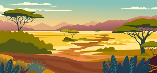 Zoo park. African safari. Wild nature landscape. Mountains at horizon. Dry river summer scenery. Trees and bushes. Scenic wilderness panorama. Savanna environment in Africa. Vector savannah background