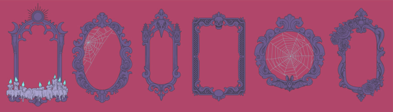 Gothic frame set. Spooky vintage border. Hand drawn branches, cobwebs and burning candles. Raven silhouette at night. Magic moon. Picture decoration. Vector isolated halloween isolated illustration