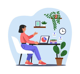 Woman working at computer. Office job. Project report chart at laptop screen. Manager or freelancer sitting at desk. Houseplant in flowerpots. Room interior. Cute employee side view. Vector concept