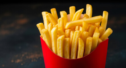 Crispy golden french fries served in a classic red box, a perfect fast food snack