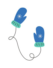 Kindergarten clothing. Kids mitten. Isolated knitted pair of gloves connecting with thread. Children outerwear. Seasonal wool accessory. Clothes for hands. Snowflake ornament. Vector winter element