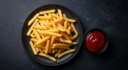 Golden crispy french fries served with a vibrant red ketchup dip on a rustic dark surface