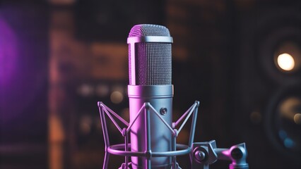 Silver Condenser Microphone in Dark Studio