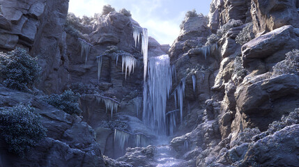 A breathtaking frozen waterfall cascading down a rocky gorge, showcasing the raw beauty of winter