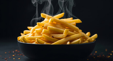 Hot and steaming golden french fries served in a black bowl on a dark background