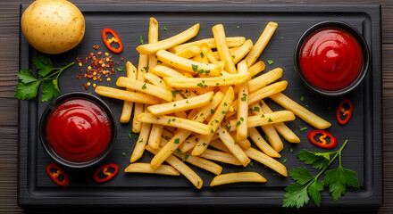 A delicious serving of golden french fries with vibrant ketchup, chili, and parsley garnish