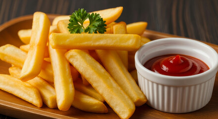Delicious golden french fries served with a ramekin of classic red ketchup, garnished with fresh parsley
