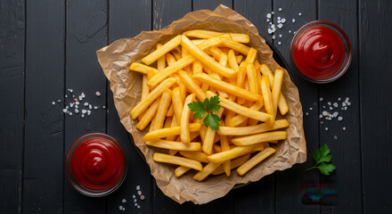 Crispy golden french fries served with vibrant ketchup and sprinkled salt on a dark table