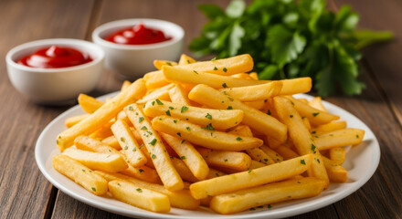 Crispy golden french fries served with vibrant red ketchup and fresh parsley on a wooden table