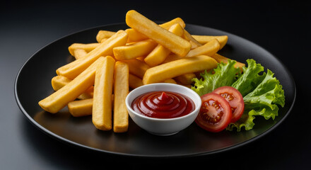 Crispy golden french fries served with vibrant ketchup, fresh lettuce, and sliced tomatoes on a sleek black plate