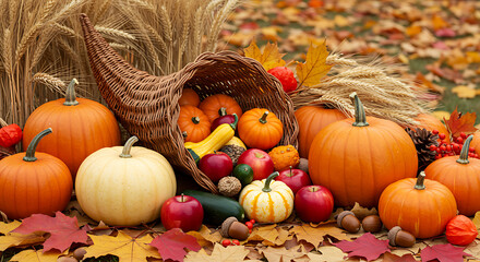 Harvest season with pumpkins and fruits in a cornucopia