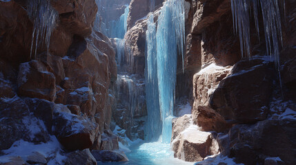 A breathtaking view of an icy waterfall cascading down a canyon, surrounded by icicles and snow. The scene is illuminated by sunlight