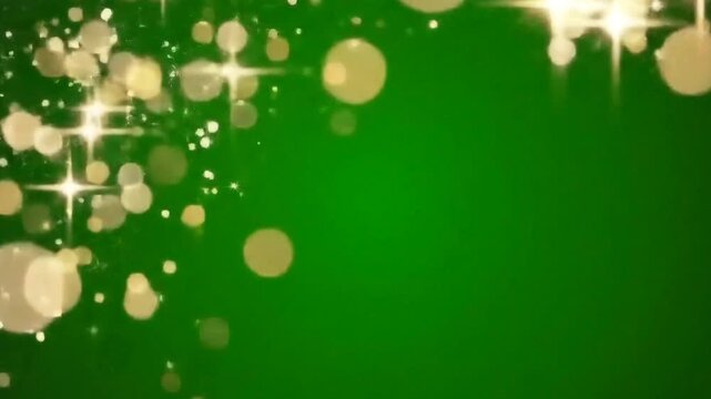 Vibrant green background with golden sparkling bokeh lights and star glints, creating a festive and magical atmosphere.