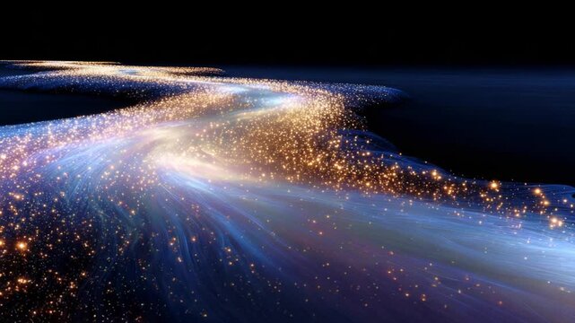 A breathtaking view of a cosmic river of stars and colors, flowing through the infinite expanse of the universe, illuminated by shimmering starlight, creating an awe-inspiring cosmic landscape.
