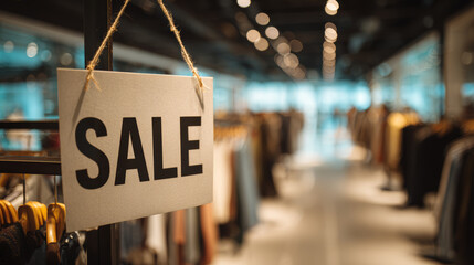 Sale sign hanging in clothing store with blurred racks and warm lighting creating cozy shopping atmosphere