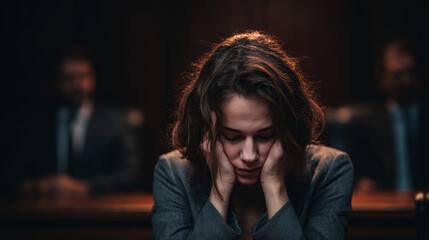 Woman stressed in courtroom with two blurred men in background showing anxiety and tension