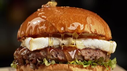 Delicious gourmet beef burger with creamy melted cheese, crisp lettuce, and golden honey drizzle, served on a perfectly toasted brioche bun