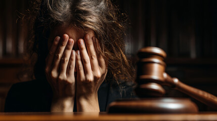 Woman covering face with hands near wooden gavel in courtroom showing stress and anxiety