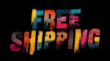 Free shipping text with colorful grunge style paint effect on black background, vibrant and bold design for promotion
