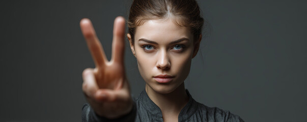 Young woman showing peace sign with serious expression in studio portrait