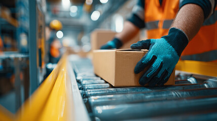 Packaging box on conveyor belt with worker hands wearing gloves in warehouse environment