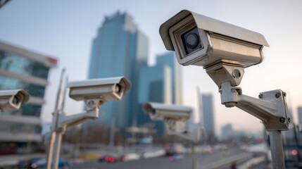 Surveillance camera on pole monitoring urban street with blurred city buildings in background during daytime