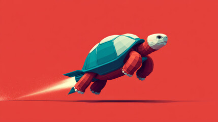 Flying turtle with jet propulsion red background, dynamic and futuristic animal concept with vibrant colors and geometric