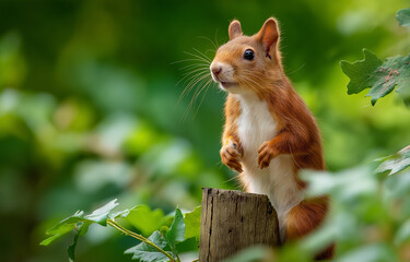 a red squirrel standing on its hind legs,