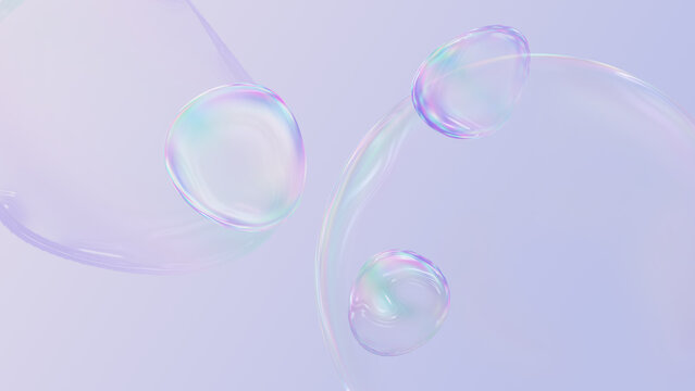 abstract 3d iridescent bubbles and glass spheres, fluid transparent drops in harmonic motion, minimalist aesthetic background for modern tech design