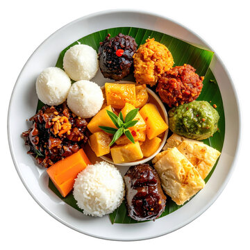 Colorful Filipino Kakanin Platter with Rice Balls, Sweets, and Mango on Banana Leaf