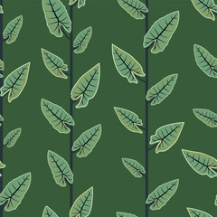 Hand drawn climbing colocasia plant vines pattern forming minimalist stripes in colors of yellow-green, off white and black on green background. Tropical foliage seamless vector pattern. Home decor