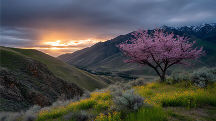 Sunset over a peaceful valley with rolling hills, wildflowers, and a solitary pink-blossomed tree near a mountainous landscape under a cloudy sky