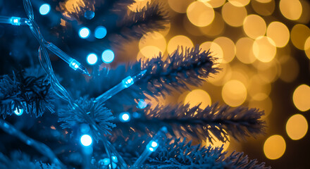 Christmas tree branches with blue and yellow lights