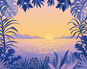 Fototapeta premium a serene tropical sunset over a calm body of water with lush foliage