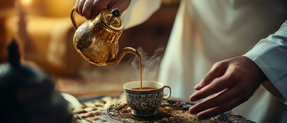 Pouring rich coffee into a delicate cup.
