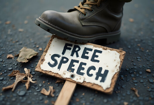 Military boot suppressing free speech protest sign