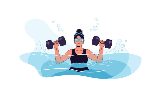 Woman wearing goggles and a swim cap performing water aerobics exercises using purple dumbbells in a blue swimming pool.